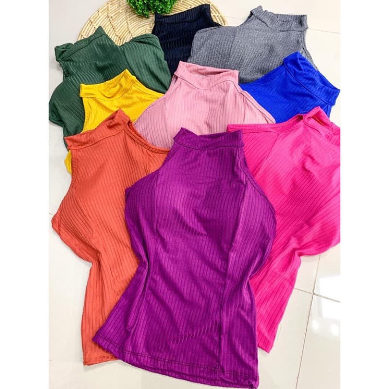 Femenina Blusinha Canelada Liso Gola Alta Sem Manga Com Bojo