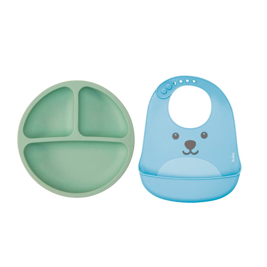 Buba Kit 2un - 1un Pratinho em Silicone Verde + 1un Babador de Silicone Azul
