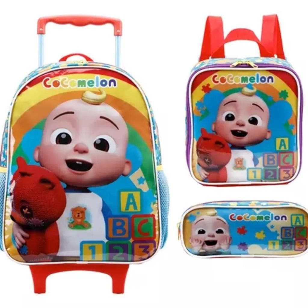 Kit Mochila Rodinha Lancheira Estojo Simples Escolar Infantil Baby Cocomelon Xeryus