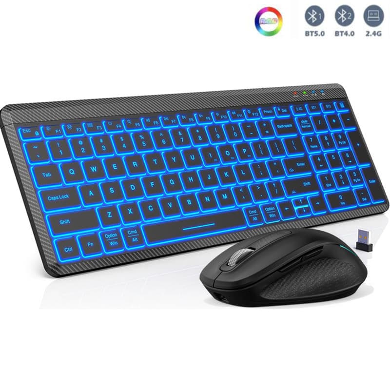 JOMAA Teclado Bluetooth Silencioso Retroiluminado RGB e Mouse Sem Fio Conjunto de Teclado e Mouse com Modo Duplo
