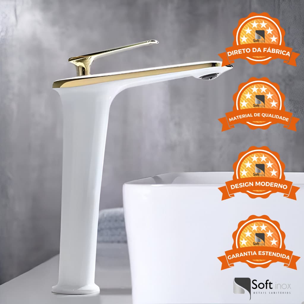 Torneira Monocomando Misturador Lavatório Bica Alta Petra Branco/Gold Luxo