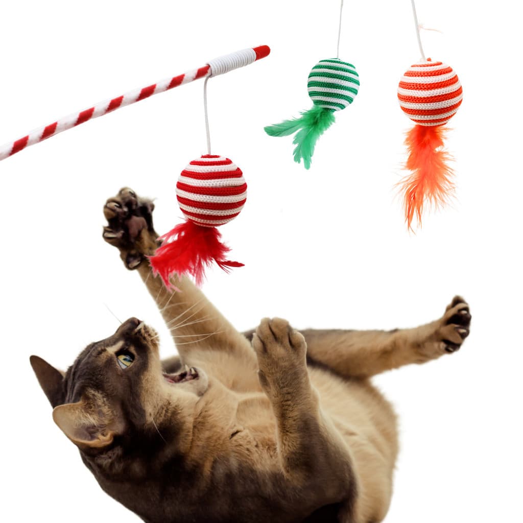 Varinha de Brincar com Gatos Bolinha e Pena Colorido
