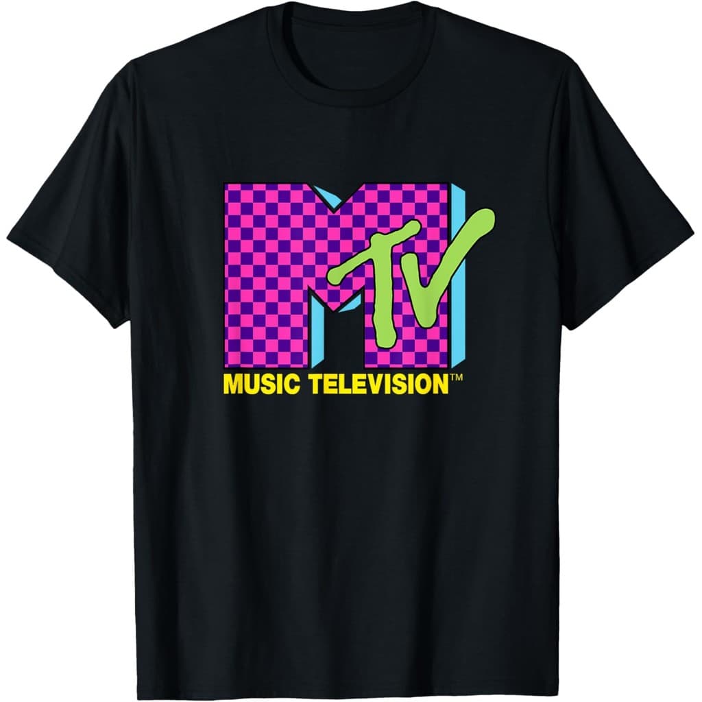 Camiseta com logotipo xadrez rosa neon retrô dos anos 80 da MTV Music Television