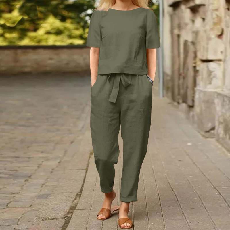 2024 moda algodão linho roupas de verão femininas em torno do pescoço Oversized calças superiores de perna larga Retro t