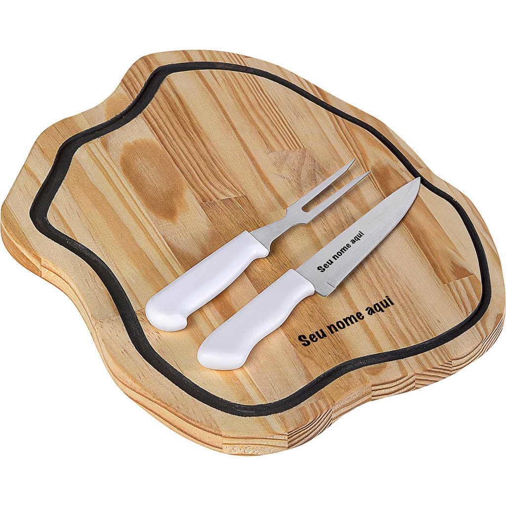 Kit Churrasco: Tábua Pinus Personalizada + Faca e Garfo