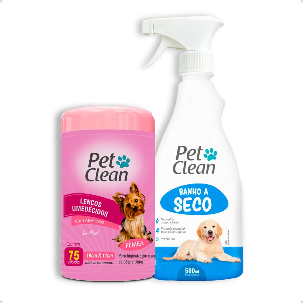 Kit Banho a Seco Sem Enxágue + Lenço Umedecido para Cachorro e Gato Pet Clean