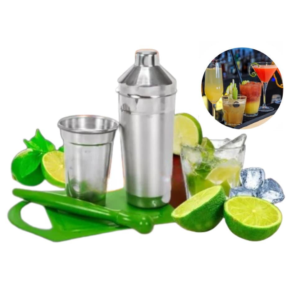 Kit Caipirinha Coqueteleira Kit Bartender Kit Bar Utensílios Para Fazer Caipirinha Batidas Drinks Coquetéis Coqueteleira de Alumínio Copo Medidor Mini Tábua 4 Peças