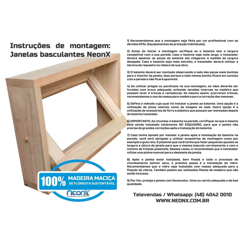 Janela Basculante Vitrô 40x60x14 Cm Para Um Vidro Eucalipto NeonX