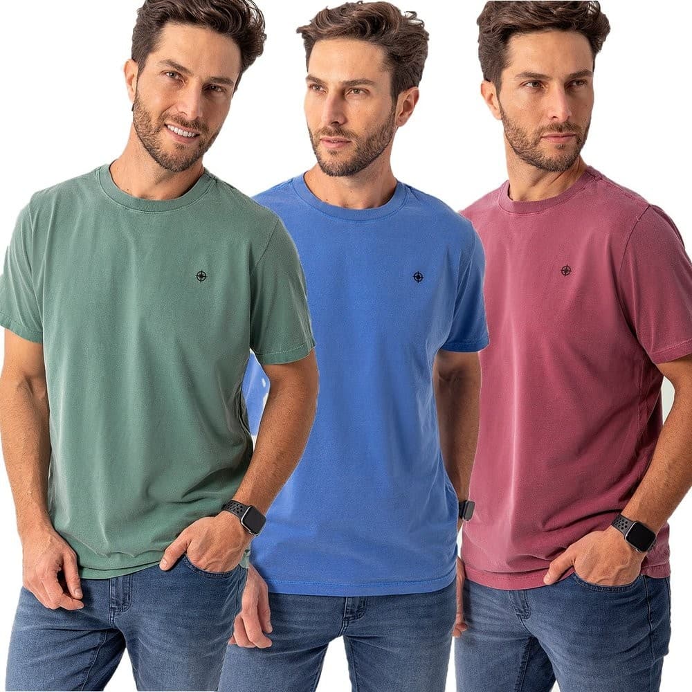 Kit 3 Camisetas Estonadas Masculina Marmorizada Slim 100% Algodão Premium Casual Verde Bordo e Azul