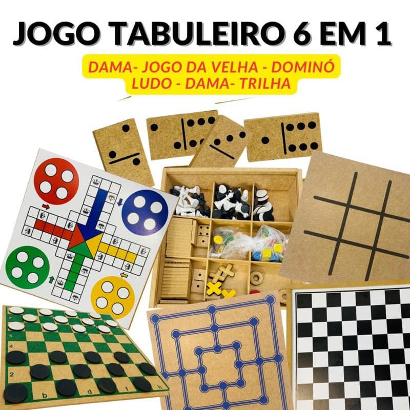 Jogo Tabuleiro 6 em 1 Xadrez,Dama,Jogo da Velha, Ludo, Trilha, Dominó - Jogos Tradicionais