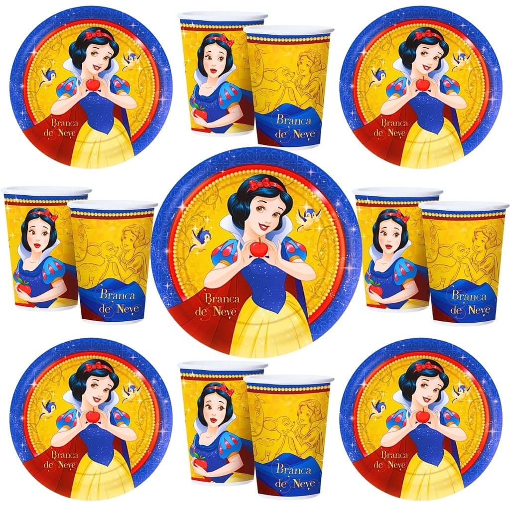 Kit Festa Branca de Neve 8 Pratos 8 Copos Descartáveis Festa de Aniversário Infantil