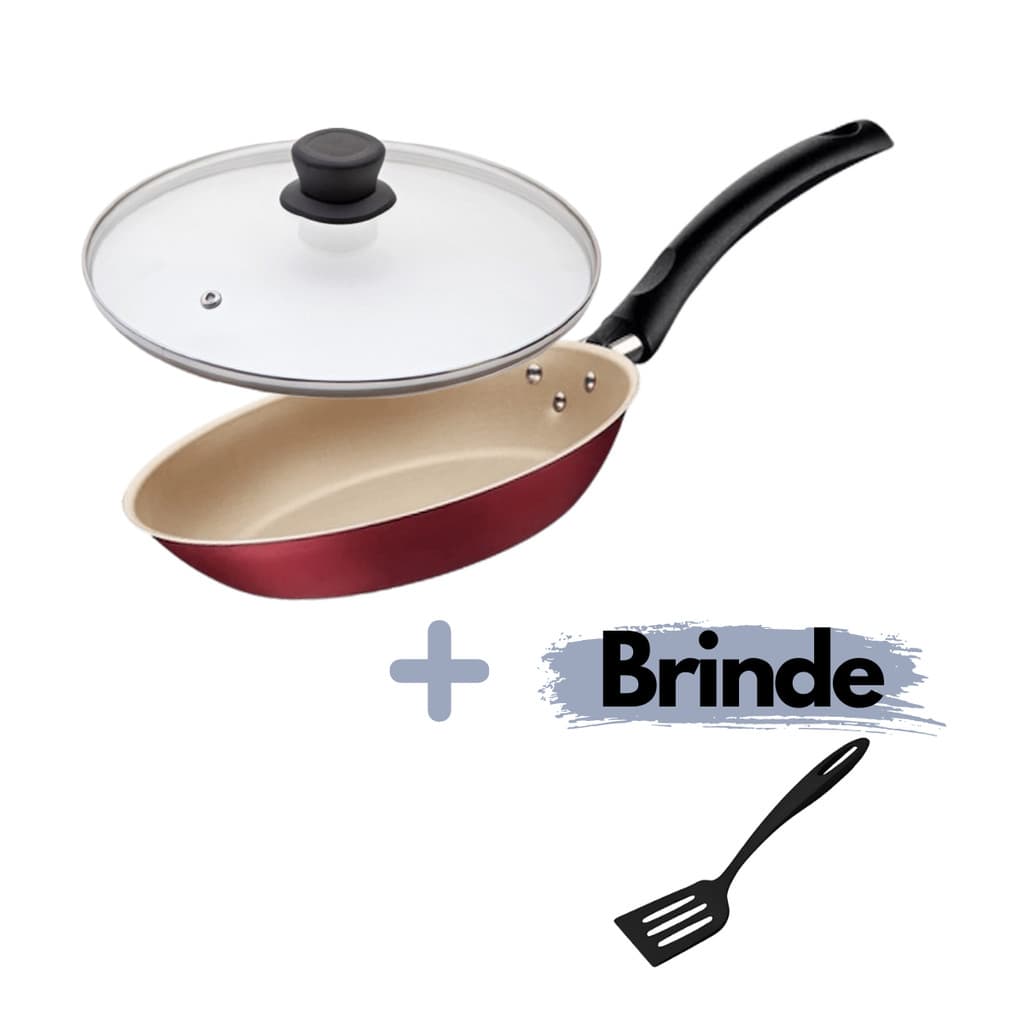 Frigideira Antiaderente Alumínio Teflon Cereja Gold C/ Tampa de Vidro Premium + Brinde