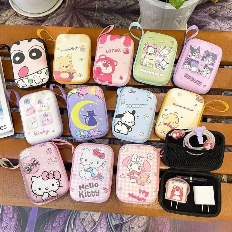 Bonito Sanrio Anime Kitty Kuromi Pochacco, carregador de fone de ouvido, cabo, moeda, bolsa de armazenamento de viagem p