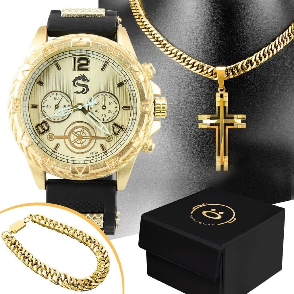 relogio masculino banhado aço + pulseira + cordão crucifixo social casual original ajustavel dourado