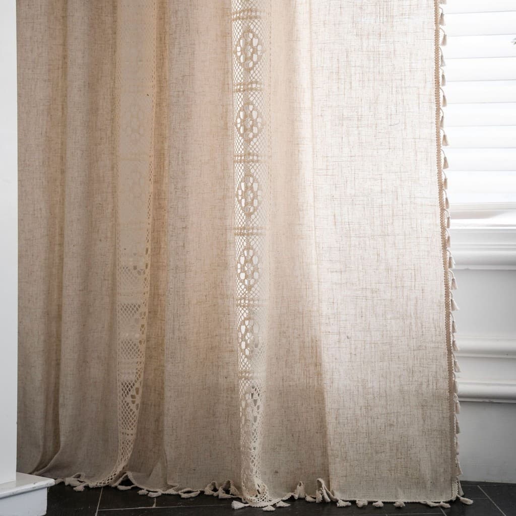 Cortinas De Mistura De Linho , Renda Com Borla , Decoração De Quarto , Proteção Solar , Vazadas