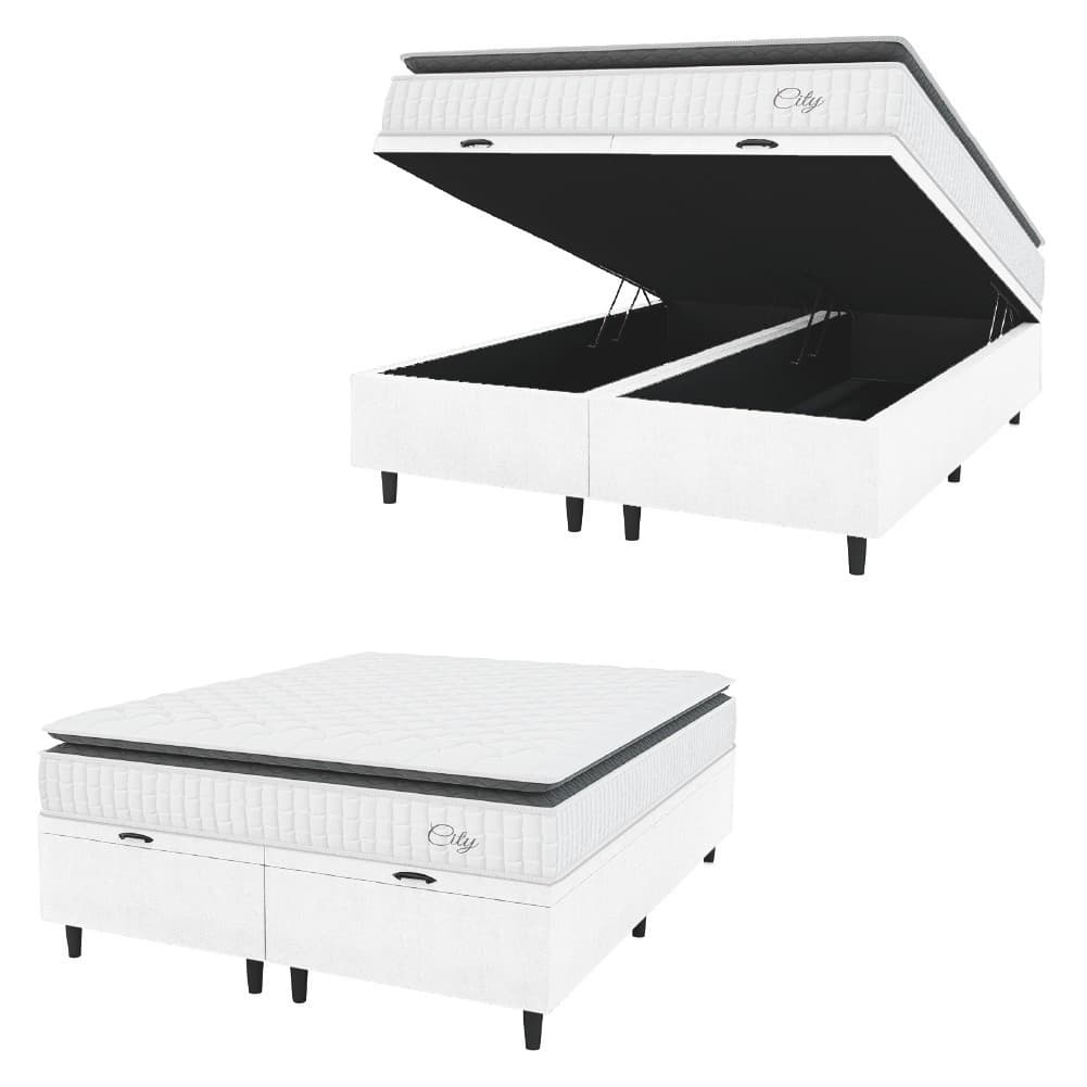 Cama Box Colchão Baú Casal Queen Molas Ensacadas City Pillow Top 158x198x64cm Branco/Preto