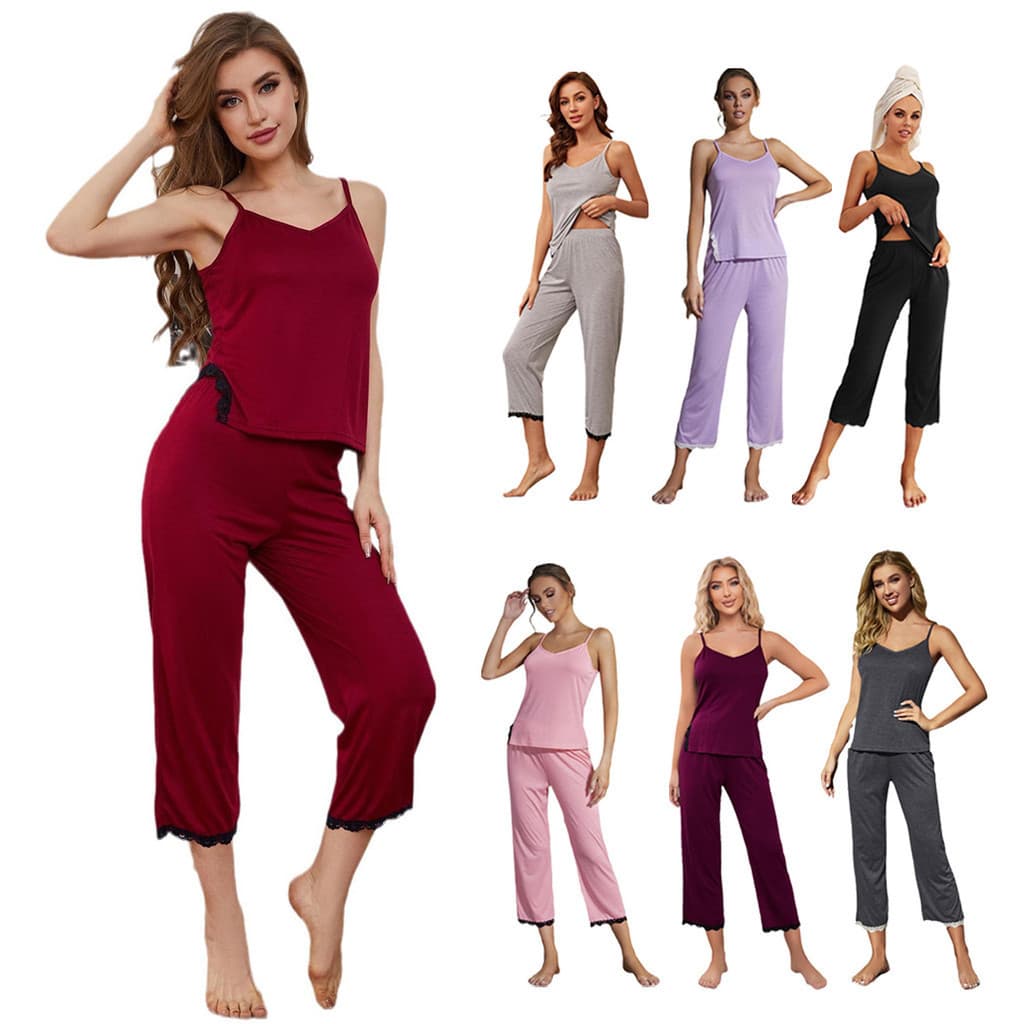Pijamas de verão femininos no estilo europeu e americano, conjunto de duas peças com camisola com acabamento em renda e
