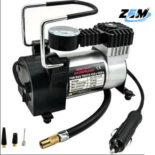 Compressor Veicular De Ar Mini Elétrico Portátil Prata 12V Com Manômetro Encher Pneu Bicicleta, Carro, Caminhão, Onibus, Vans Alta Pressão Com 3 Bicos Para Inflar