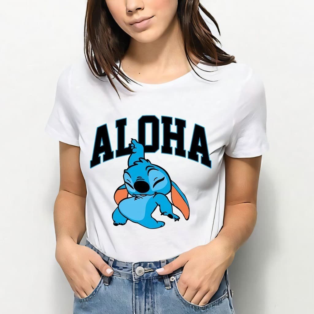 T-shirt Feminina Stitch Aloha Camiseta Baby Look e Larga Cor Branca