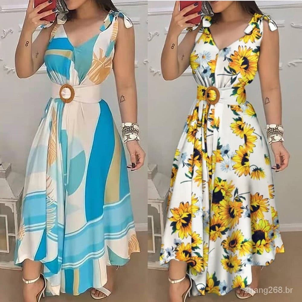Cinto feminino estampa Floral boêmio sem mangas com decote em V vestido longo OXTD