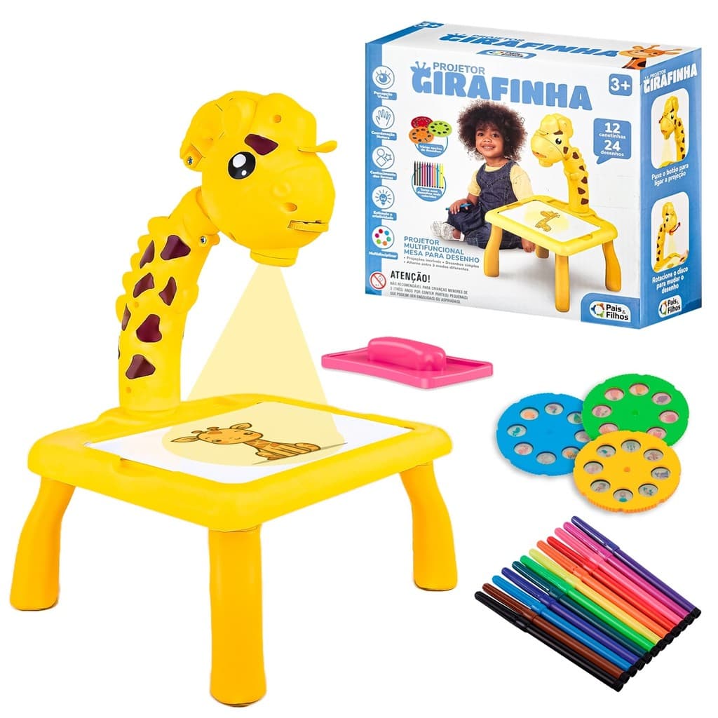 Lousa Mágica Mesinha Projetora De Desenho Infantil Girafa Com Canetas Pais E Filhos