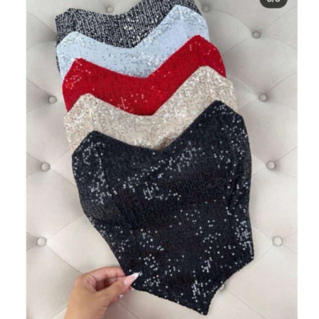 BLUSA CROPPED TOP TOMARA QUE CAIA PAETÊ BRILHO MORCEGO BICO
