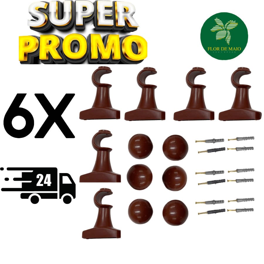 Kit de 6 Suporte Para Cortina Varão Simples Reforçado Com Ponteira 19mm