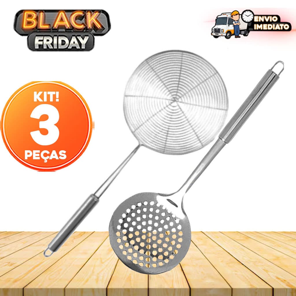 Kit 2 Peças de Utensílios de Cozinha 100% Aço Inox: Escumadeira e Escumadeira Profissional para Fritura