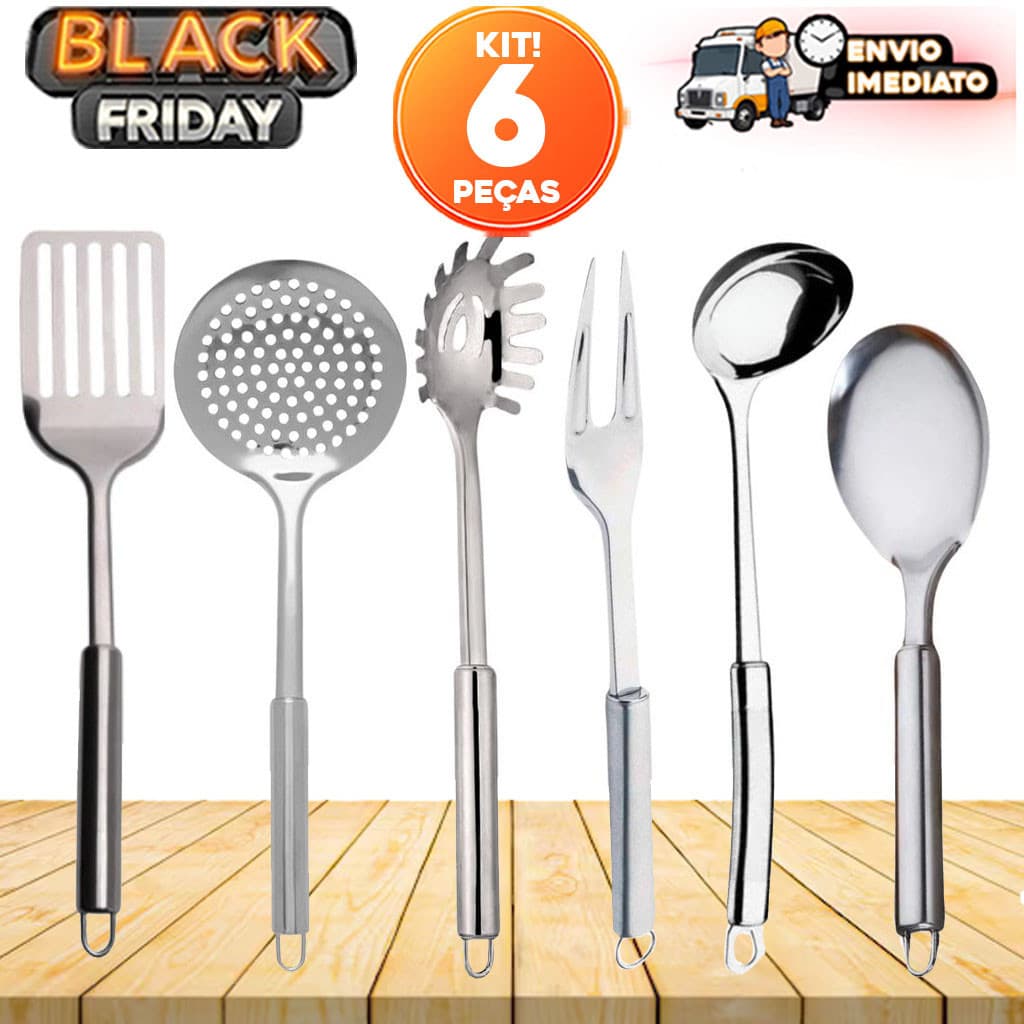Jogo 6 Utensílios de Cozinha Inox – Espátula, Escumadeira, Pegador de Massa, Garfo Trinchante, Concha e Colher de Servir