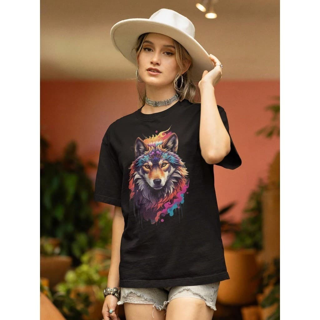 Camiseta Feminina T-shirt Modelo OverSized Lobo Colorido