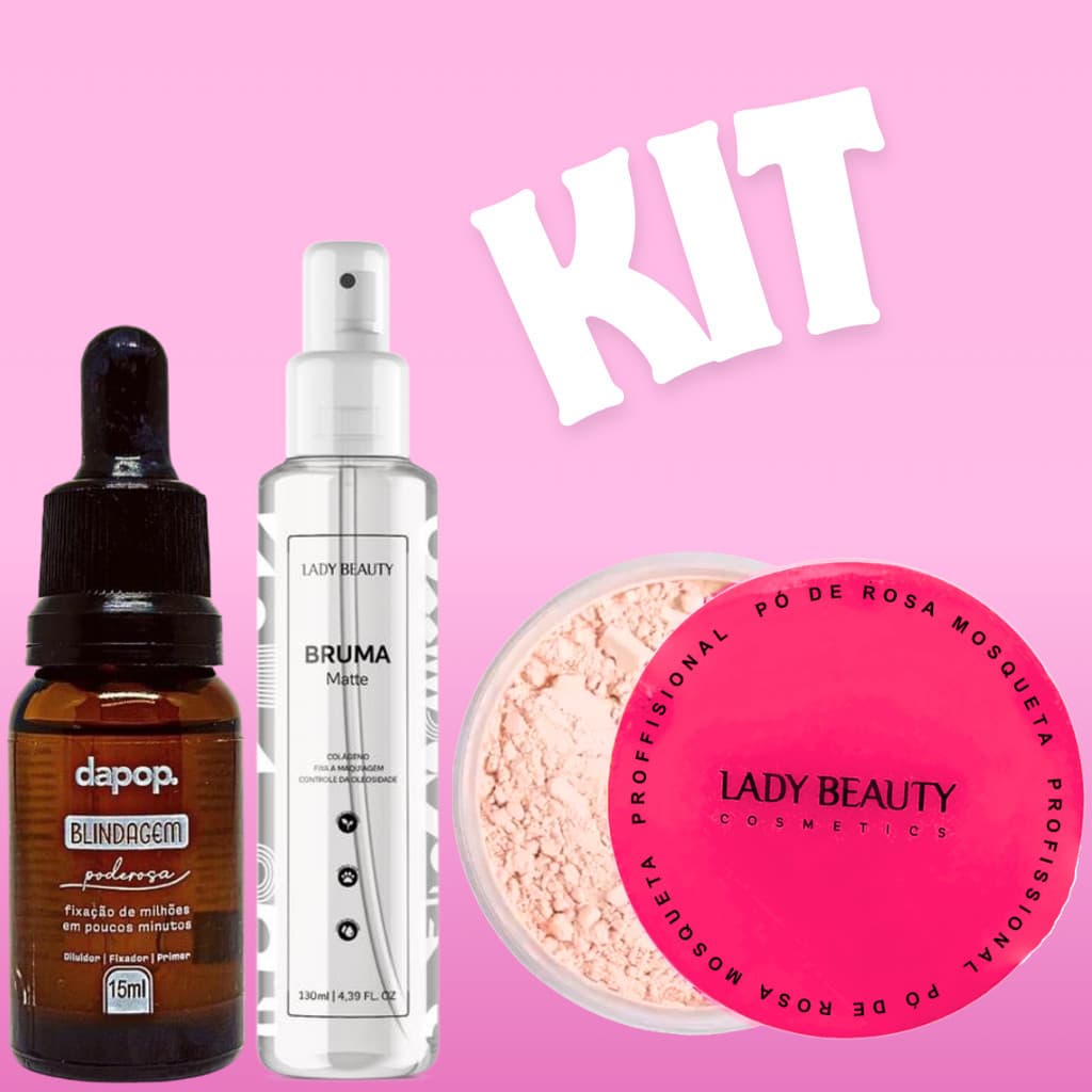 Kit Blindagem Poderosa de Maquiagem + Bruma Matte Fixadora Spray + Pó Rosa Mosqueta Profissional