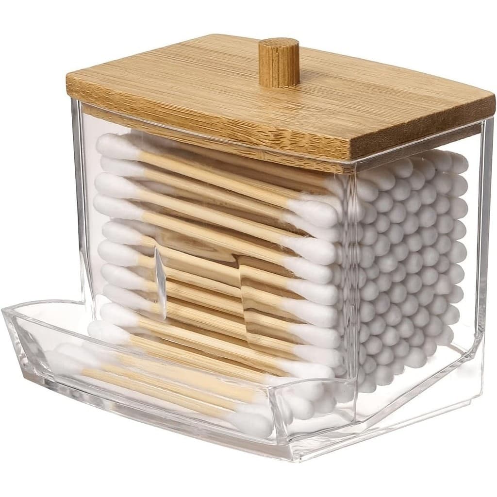 Porta Cotonete de Bambu com tampa organizador em bambu Porta Algodão em Acrílico Transparente