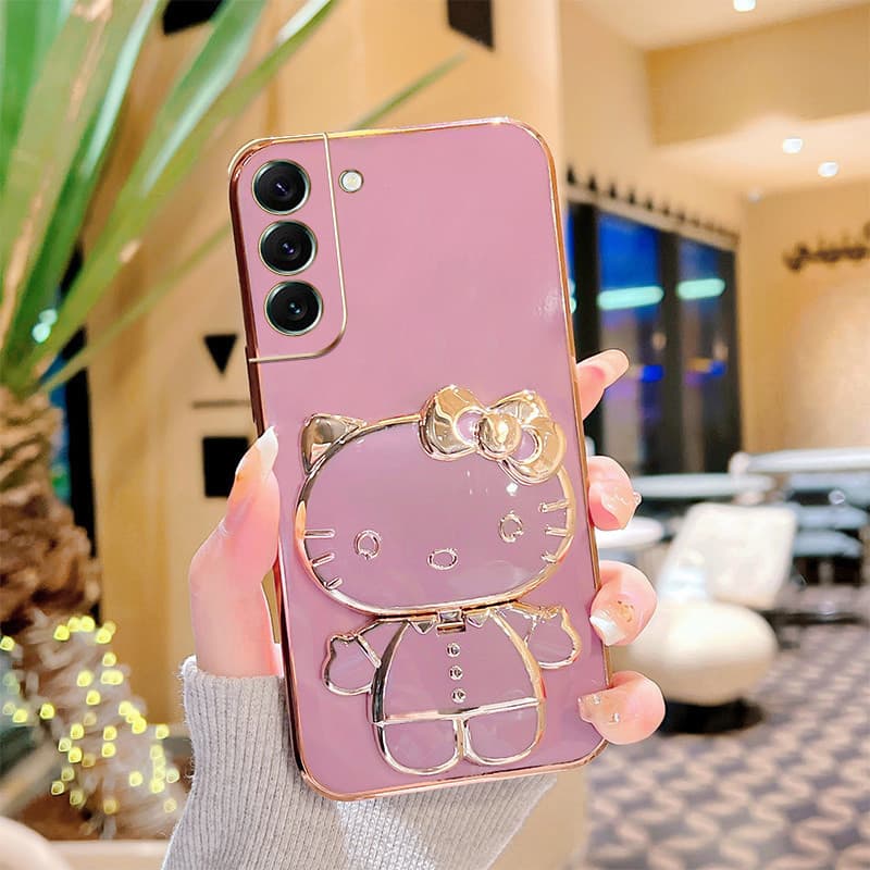 Caixa Para Samsung Galaxy S22 S23 S24 Plus Ultra FE S22 + S23 + S24 + Kitty 3D Fofo Suporte De Espelho De Gato Capa Protetora De Silicone Anti-Queda