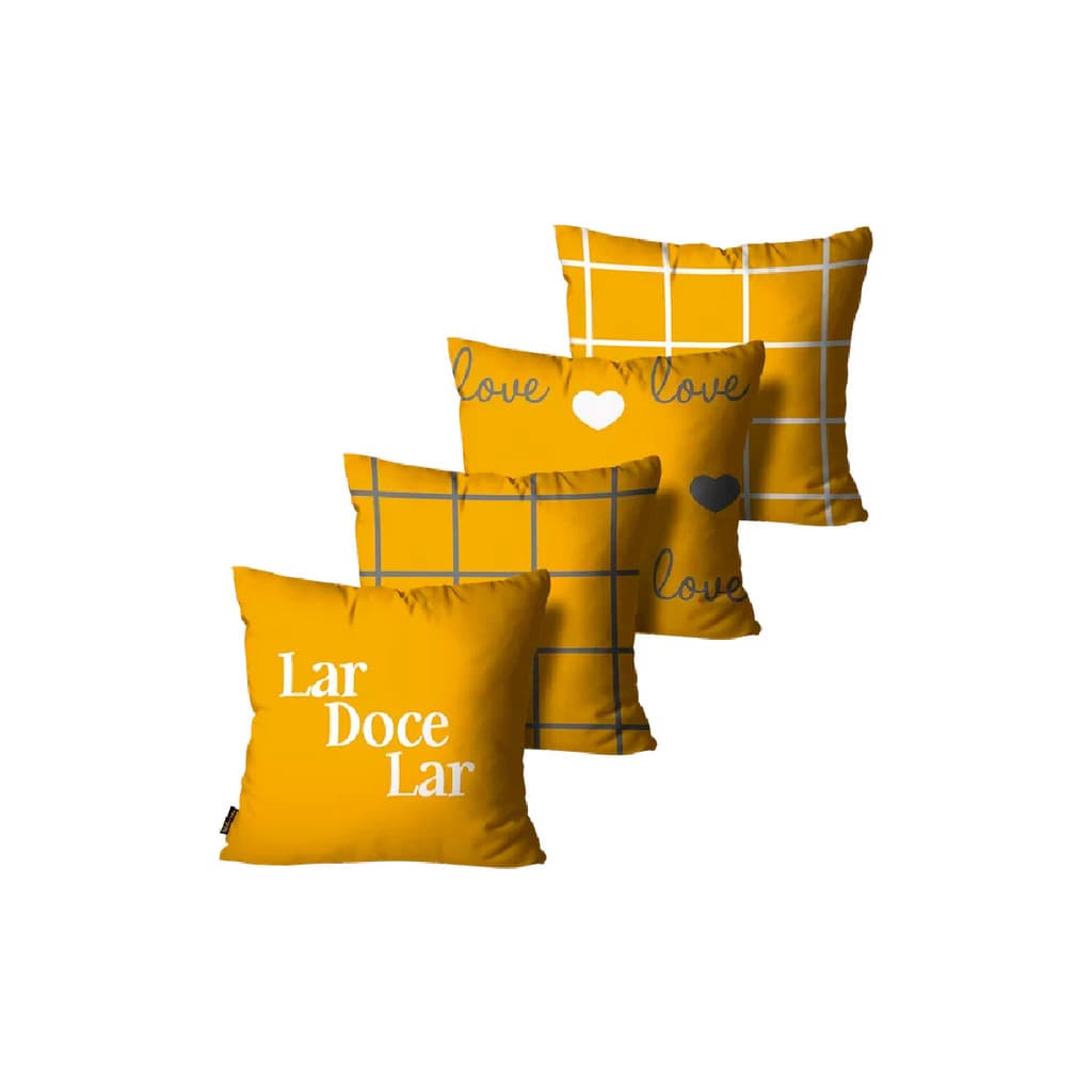 Kit com 4 Capas de Almofadas Lar Doce Lar Amarelo