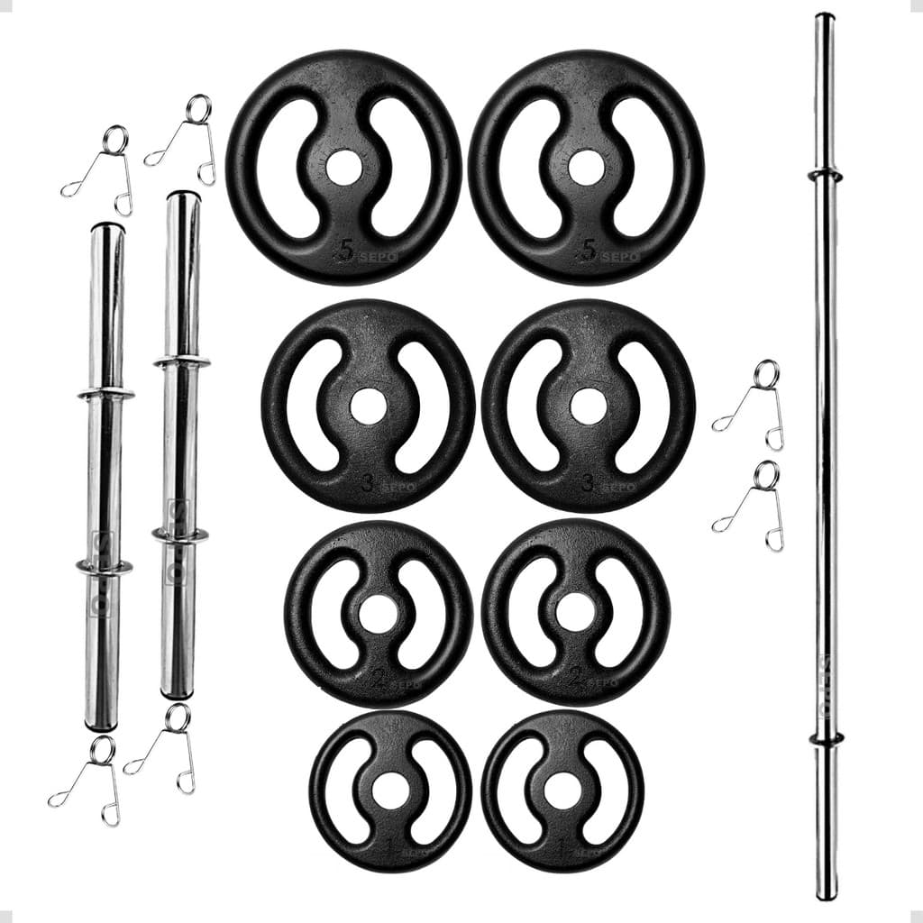 Kit Anilhas 1Kg 2Kg 3Kg e 5Kg Ferro com 2 Barras 40Cm e 1 Barra 120Cm 22Kg em Pesos Exercício Casa
