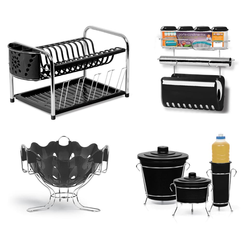 Kit Escorredor de prato copo e talher + Kit De Pia + Fruteira + Porta Condimento Com Porta Papel Cozinha Preto