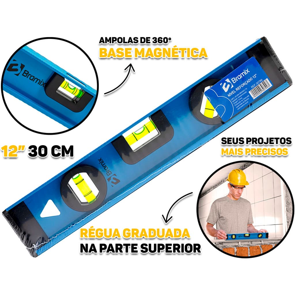 Nível Alumínio 30cm Reforçado Base Magnética Três Bolhas Com Régua Profissional 12 Polegadas Bramix