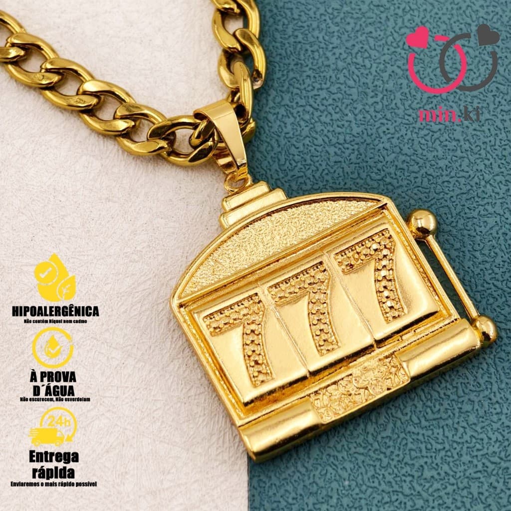 Colar de moda Corrente Masculino com Pingente de Cassino Número 7 - Cordão Friso S Banhado Ouro 18K
