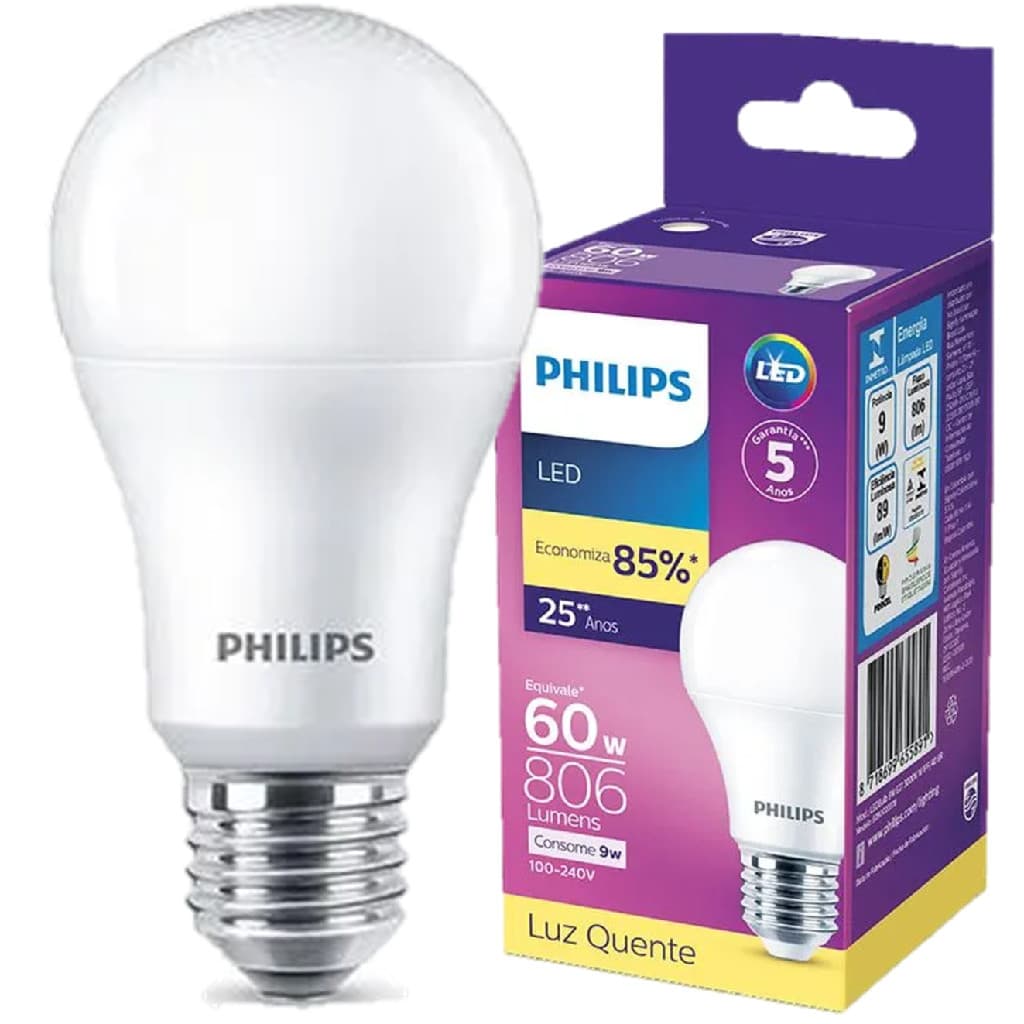 Kit 4 Lampada Led Bulbo Philips 9w Branco Quente 3000K E27 100V - 240V