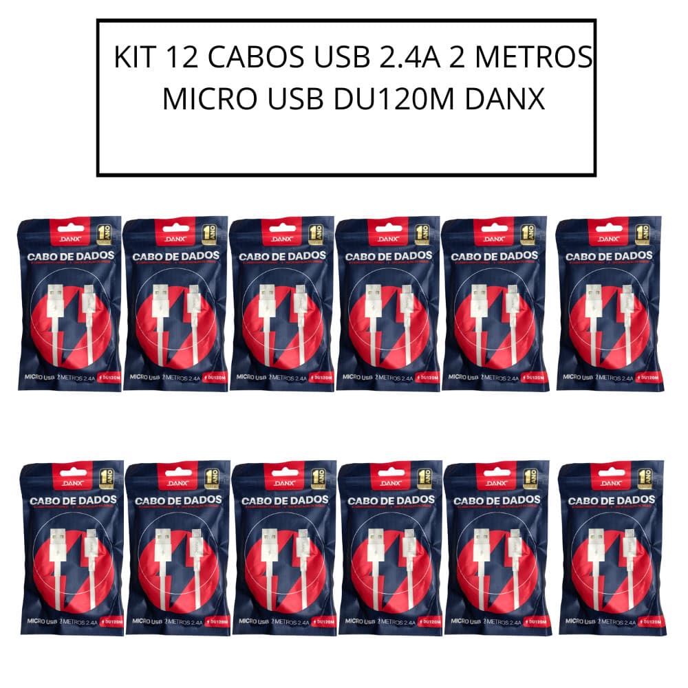 KIT 12 CABOS USB 2.4A 2 METROS MICRO USB DU120M DANX