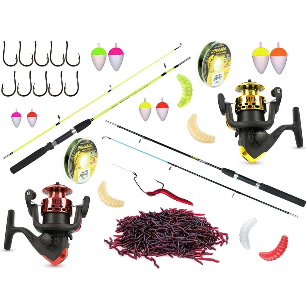 Kit Pesca Com 2 Varas Para Molinete 1,50m + 2 Molinetes + Iscas (Ref. 71)