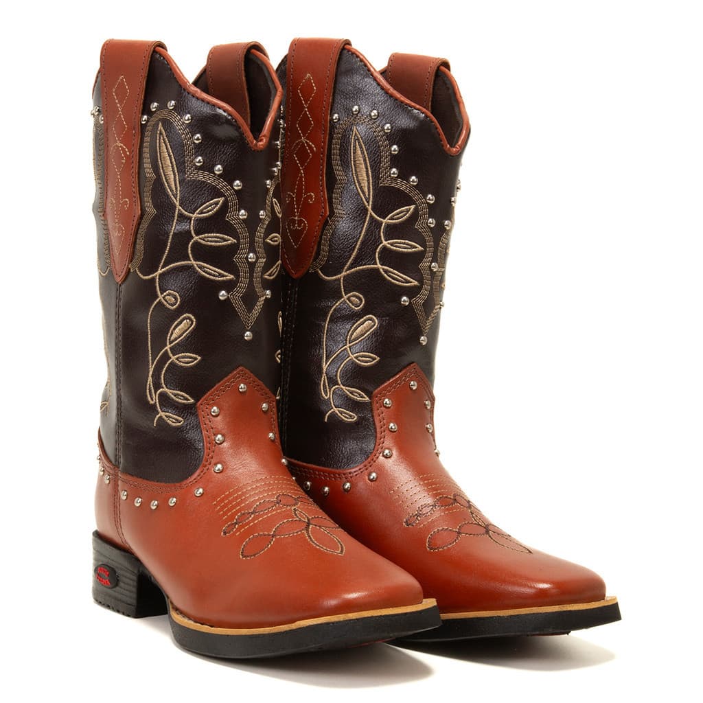 BOTA TEXANA FEMININA BORDADA LATEGO PINHAO/ ECO PRETO COUNTRY COURO COWBOY Rodeio Conforto REF 6165