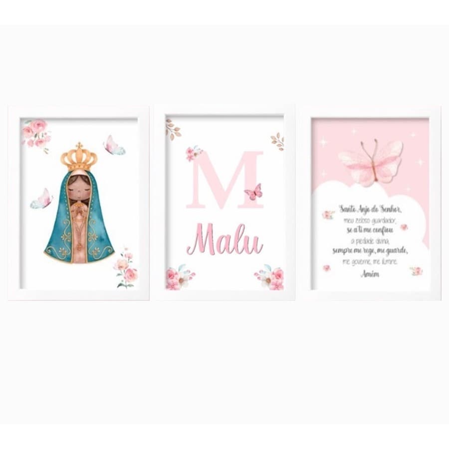 Kit 3 Quadros Decorativos Nossa Senhora Aparecida Personalizado Com Nome Quarto Infantil Menina Rosa Nuvens