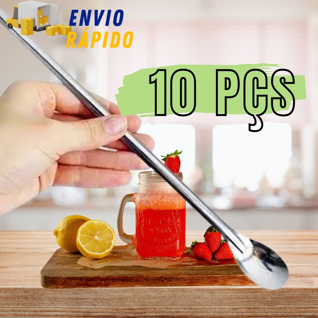 Kit Jogo com 10 Colheres Bailarina em Aço Inox Para Suco Laranja Morango Drinks Bebida Barmen