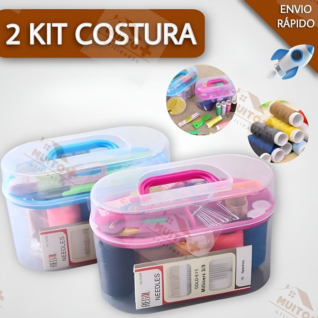 Kit 2 Costura Mini Maleta 22 Peças De Costurar Fita Métrica Dedal Tesoura Botão Agulha Organizador Multiuso Universal