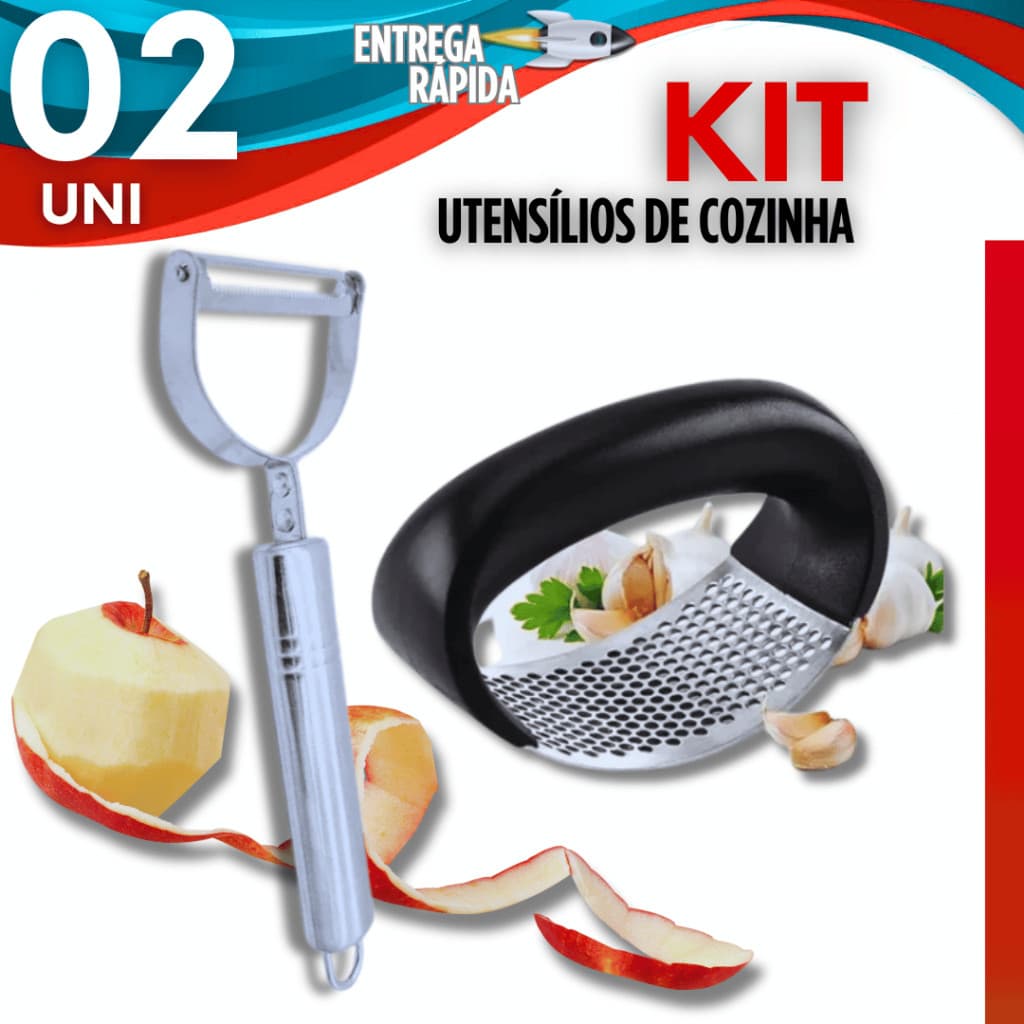 Conjunto Jogo Amassador de Alho + Descascador de Legumes Frutas Verduras Multiuso Premium Culinária