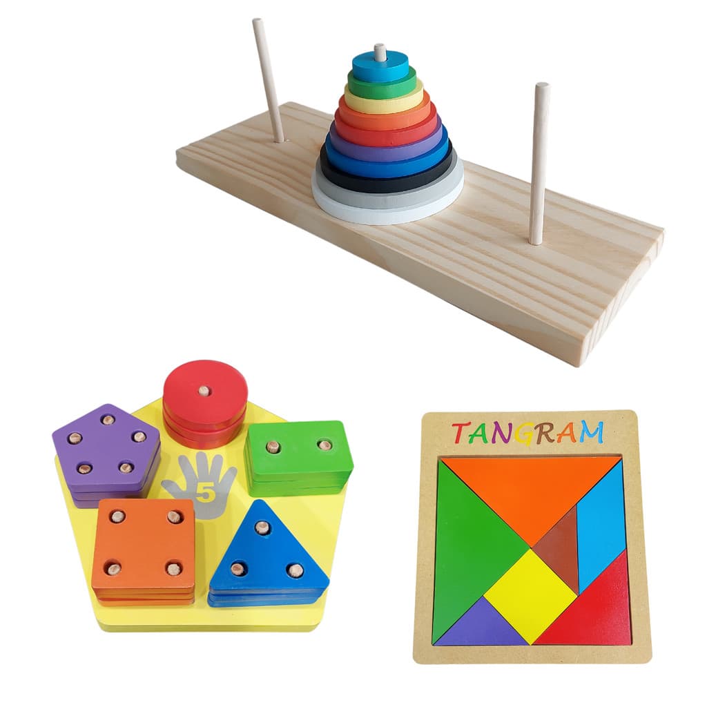 Kit 3 Jogos Educativos, Torre de Hanói, Tangram, Pentágono