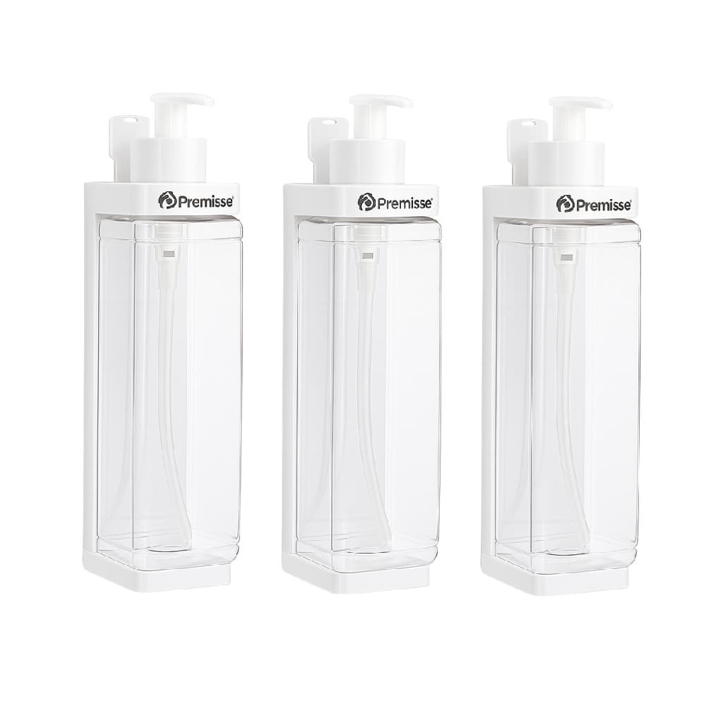 Kit 3 Frascos Transparente Válvula Pump Suporte Parede Sabonete Shampoo Banheiro Lavabo Hotel Pousada Academia hospital