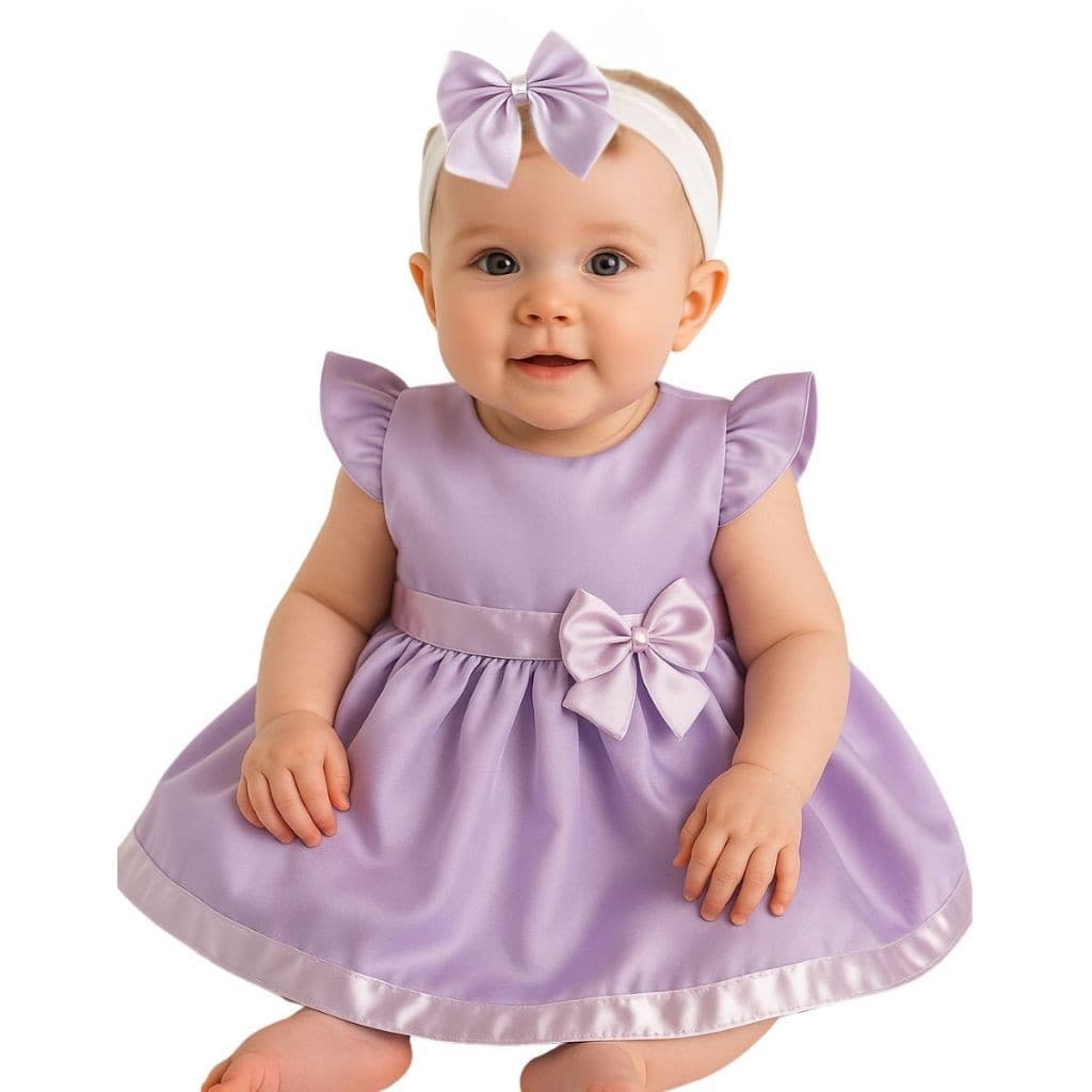 Vestido Princesa Bebê Luxo Lilás com Tiara 100% Algodão Festas Aniversario Natal Ano Novo