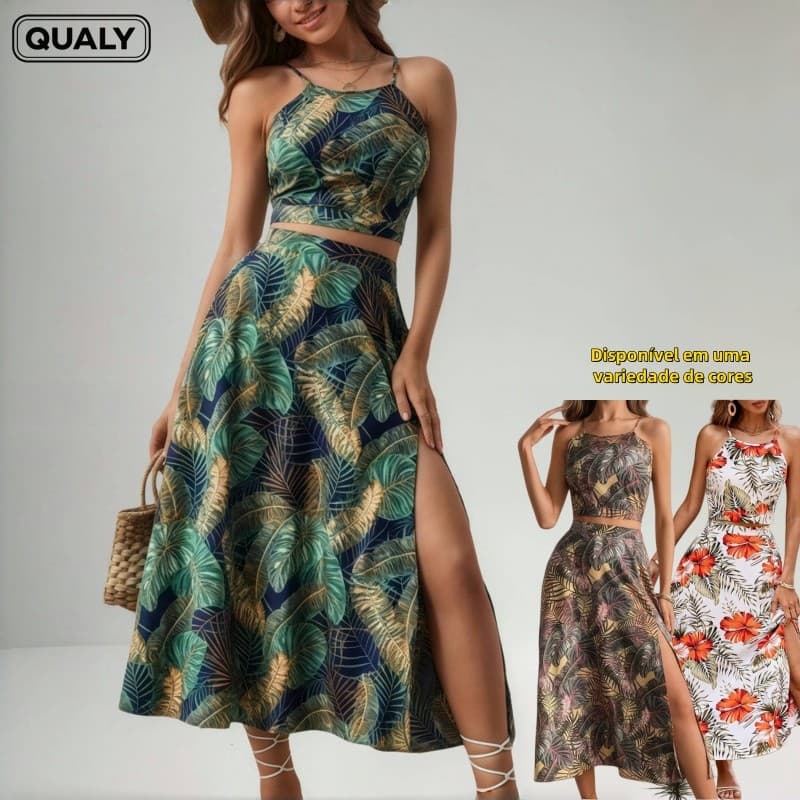 Boho Conjunto Feminina Saia Midi Com Fenda + Top Estampa Floral - QUALY